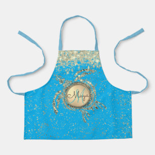 Glittery Gold Turtle on Blue  Apron