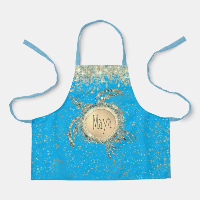 Glittery Gold Turtle on Blue  Apron (Front)