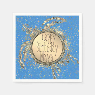 Glittery Gold Turtle on Blue Birthday  Napkin