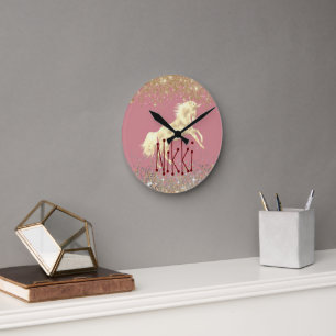 Glittery Gold Unicorn on Pino Personalised Round Clock