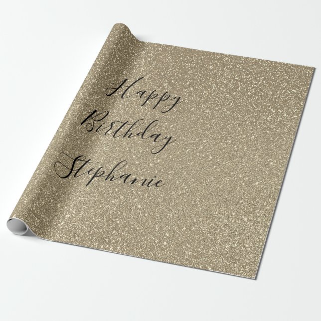 Glittery Golden Black Happy Birthday Custom Name Wrapping Paper (Unrolled)