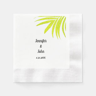 Glittery Golden Green Tropical Palm Wedding White Napkin