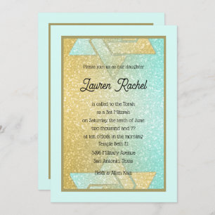 Glittery Gradient Bat Mitzvah Aqua Gold Invitation