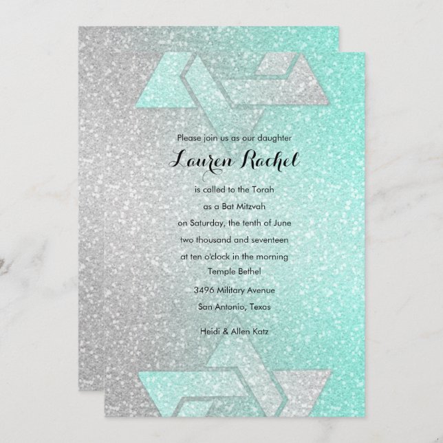Glittery Gradient Bat Mitzvah Aqua Invitation (Front/Back)