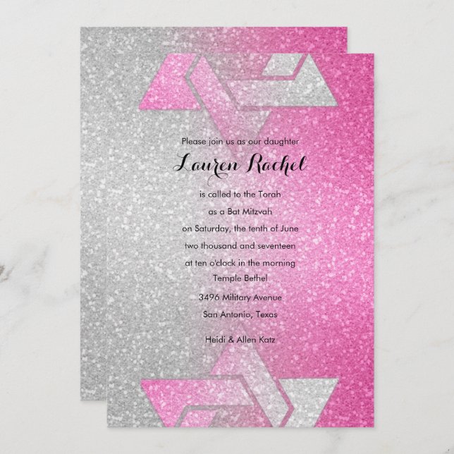 Glittery Gradient Bat Mitzvah Hot Pink Invitation (Front/Back)