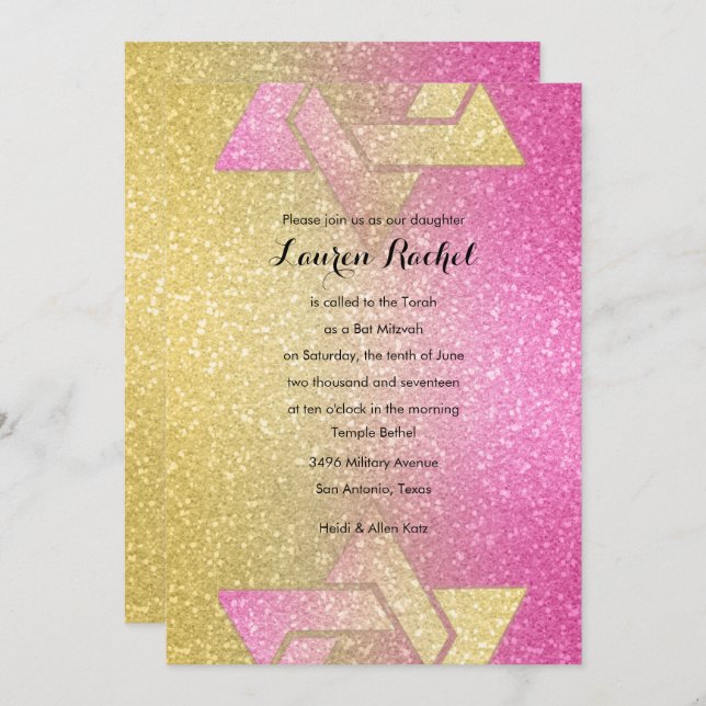 Glittery Gradient Bat Mitzvah Hot Pink Invitation (Front/Back)