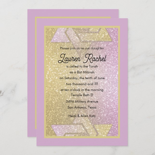 Glittery Gradient Bat Mitzvah Pink Gold Invitation (Front/Back)