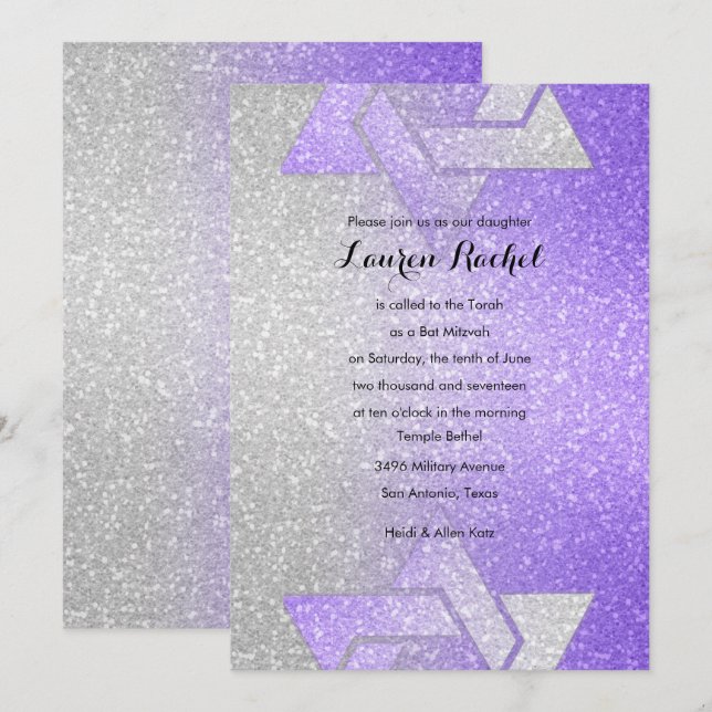 Glittery Gradient Bat Mitzvah Purple Invitation (Front/Back)