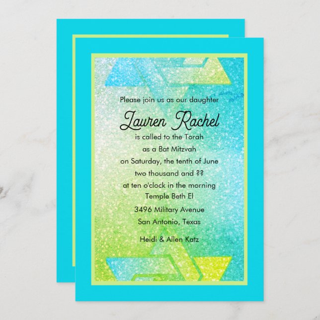 Glittery Gradient Bat Mitzvah Turquoise Lime Invit Invitation (Front/Back)