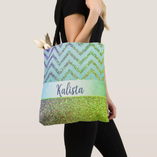 Glittery Green and Purple Chevron Personalised Tote Bag