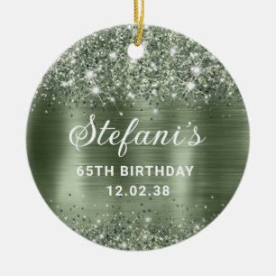 Glittery Green Sage Foil 65th Birthday Classic Ceramic Tree Decoration