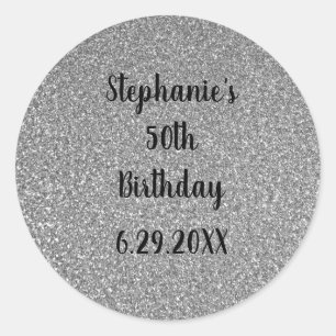 Glittery Grey Silver Custom Happy Birthday Name Classic Round Sticker