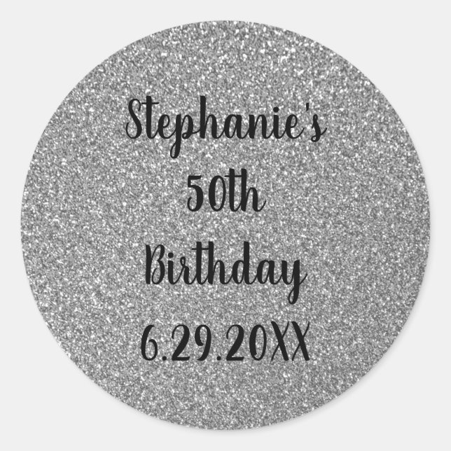 Glittery Grey Silver Happy Birthday Custom Name Classic Round Sticker (Front)