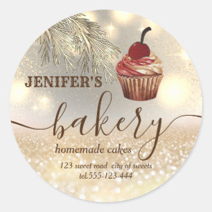 Glittery holiday cupcake chef script bakery classic round sticker