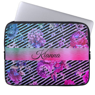 Glittery Hot Pink and Teal Floral           Laptop Sleeve