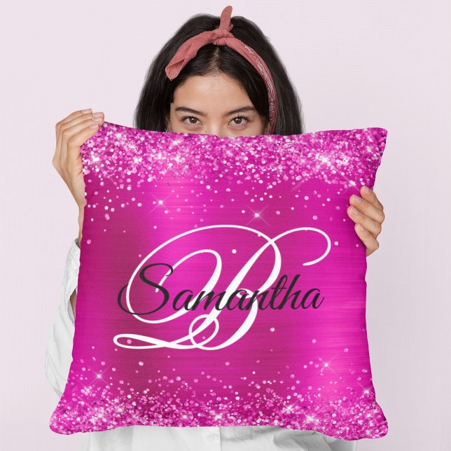 Glittery Hot Pink Foil Fancy Monogram Cushion (Glittery Hot Pink Foil Fancy Monogram Throw Pillow)