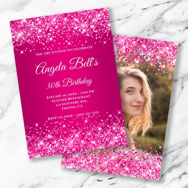 Glittery Hot Pink Raspberry Ombre Photo Invitation (Glittery Hot Pink Raspberry Ombre Photo Invitation)