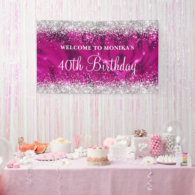 Glittery Hot Pink Silver 40th Birthday Welcome Banner (Party)