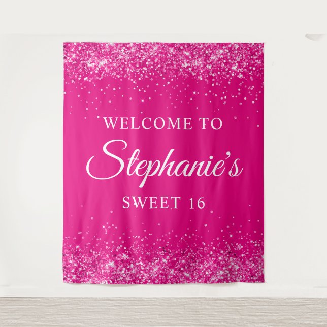 Glittery Hot Pink Sweet 16 Birthday Welcome Tapestry (Front)