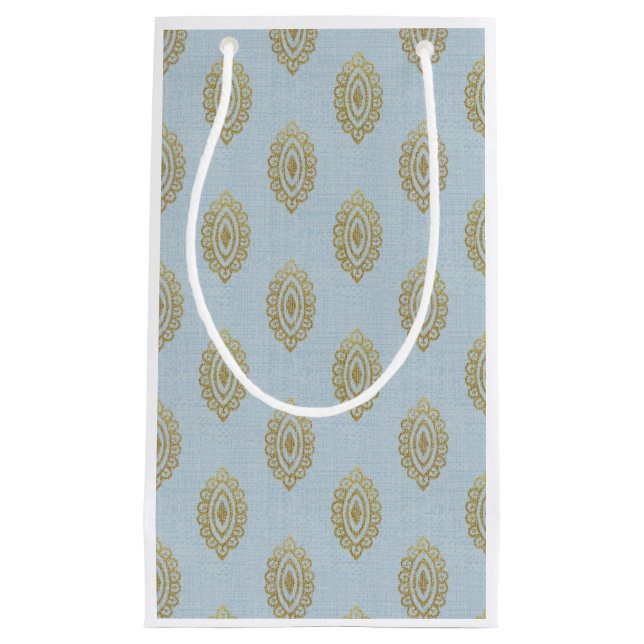 Glittery Ikat Medallion - Sky Blue & Gold Small Gift Bag (Front)