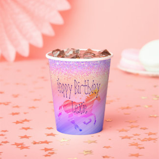 Glittery Lavender and Pink Unicorn Birthday Custom Paper Cups
