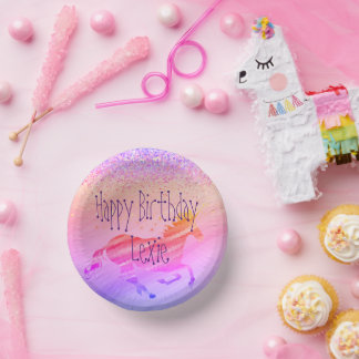 Glittery Lavender and Pink Unicorn Birthday Paper Plate