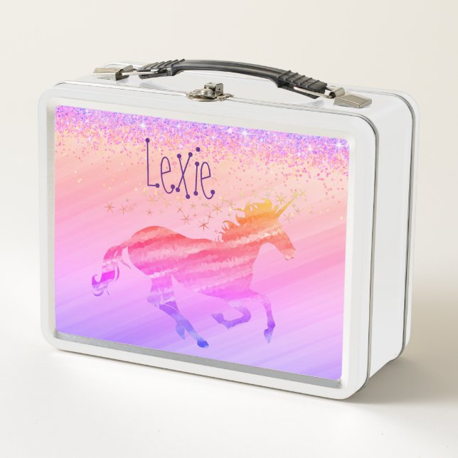 Glittery Lavender and Pink Unicorn  Metal Lunch Box (Front)