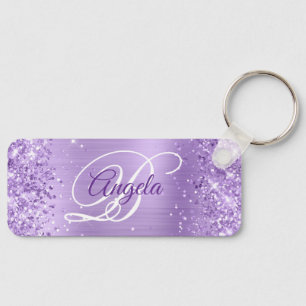 Glittery Lavender Foil Fancy Monogram Key Ring