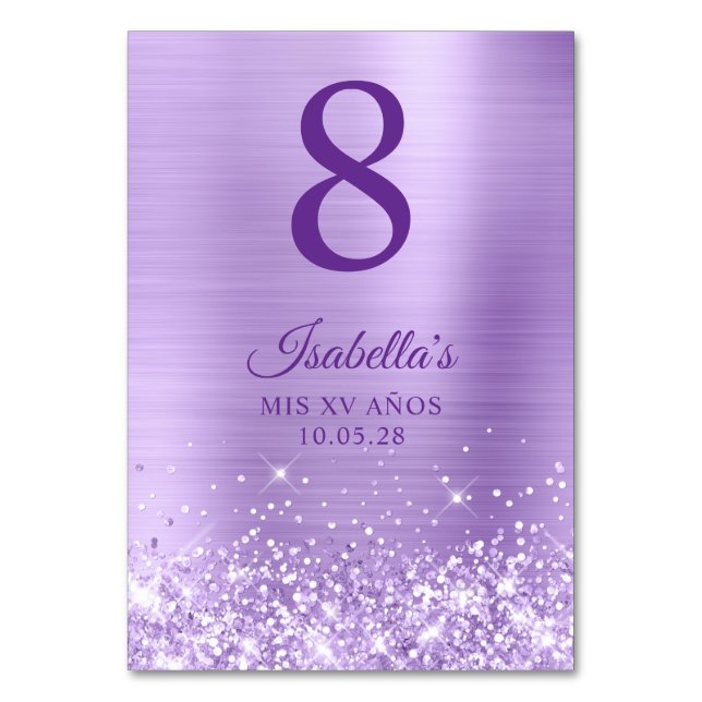 Glittery Lavender Foil Mis XV Años Table Number (Front)