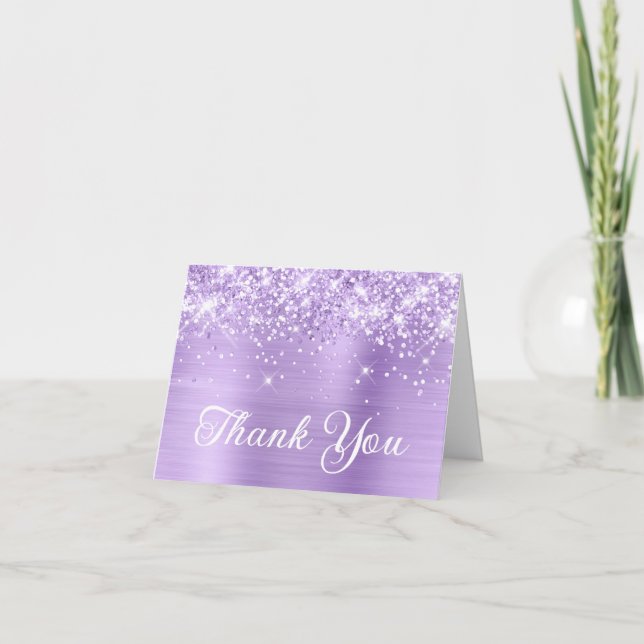 Glittery Lavender Foil Quinceañera Thank You Card (Front)