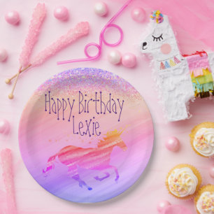 Glittery Lavender Pink Unicorn Birthday Customised Paper Plate
