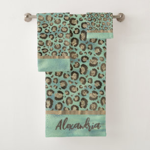 Glittery Leopard Print on Glossy Green  Bath Towel Set