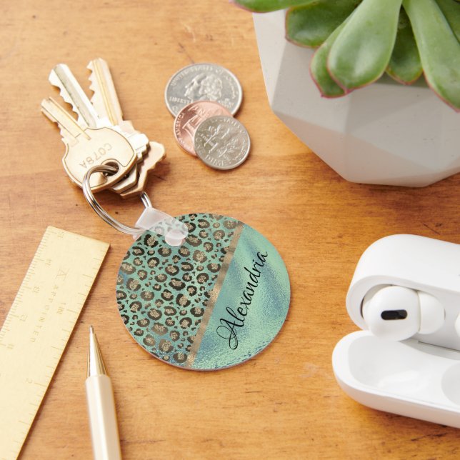 Glittery Leopard Print on Glossy Green   Key Ring (Desk)