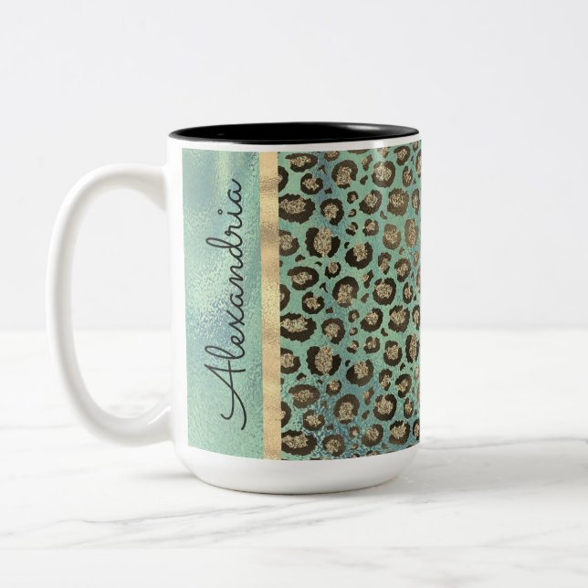 Glittery Leopard Print on Glossy Green   Two-Tone Coffee Mug (Left)