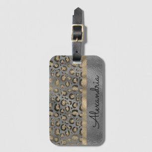 Glittery Leopard Print on Glossy Grey  Luggage Tag