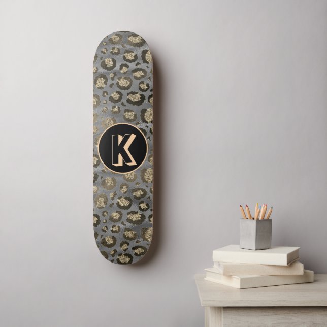 Glittery Leopard Print on Glossy Grey Monogram Skateboard (Wall Art)