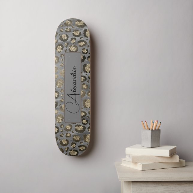 Glittery Leopard Print on Glossy Grey Personalised Skateboard (Wall Art)