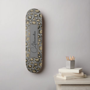 Glittery Leopard Print on Glossy Grey Personalized Skateboard