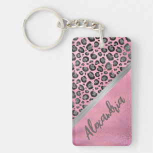 Glittery Leopard Print on Glossy Hot Pink Keych Key Ring