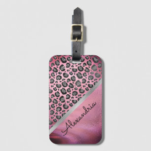 Glittery Leopard Print on Glossy Hot Pink Luggage Tag