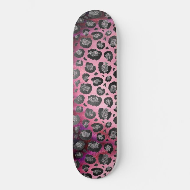Glittery Leopard Print on Glossy Hot Pink    Skateboard (Front)