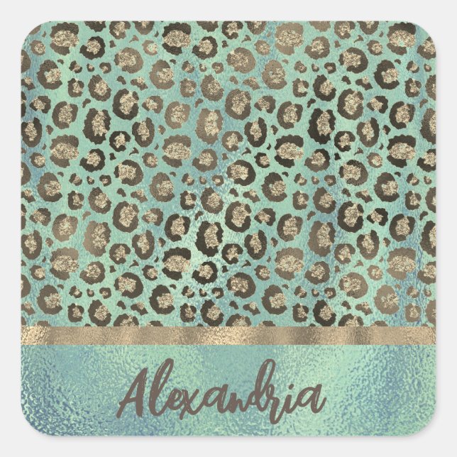 Glittery Leopard Print on  Green  Personalised  Square Sticker (Front)