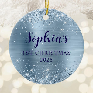Glittery Light Blue Foil 1st Christmas Photo Ceramic Tree Decoration