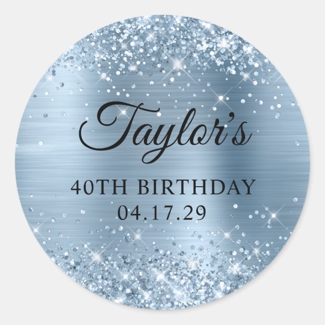 Glittery Light Blue Foil 40th Birthday Classic Round Sticker (Front)