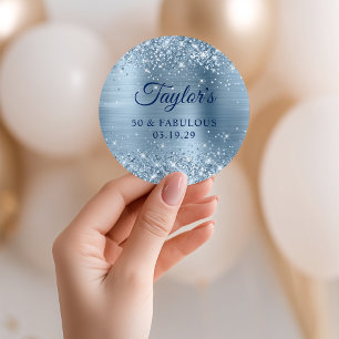 Glittery Light Blue Foil 50 & Fabulous Classic Round Sticker
