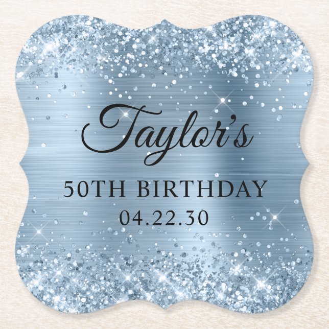 Glittery Light Blue Foil 50th Birthday Paper Coaster (Front)