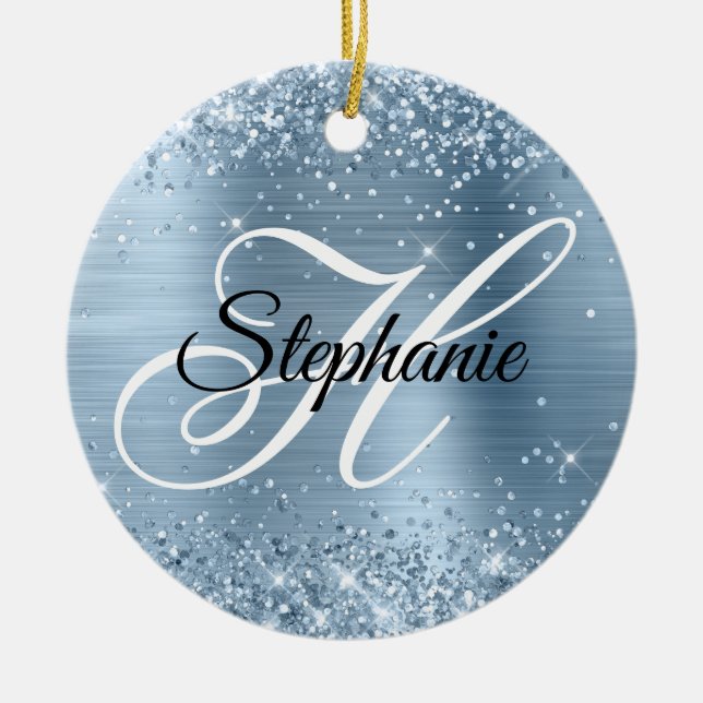Glittery Light Blue Foil Fancy Monogram Ceramic Tree Decoration (Front)