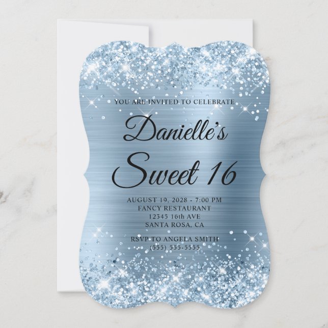 Glittery Light Blue Foil Sweet 16 Invitation (Front)