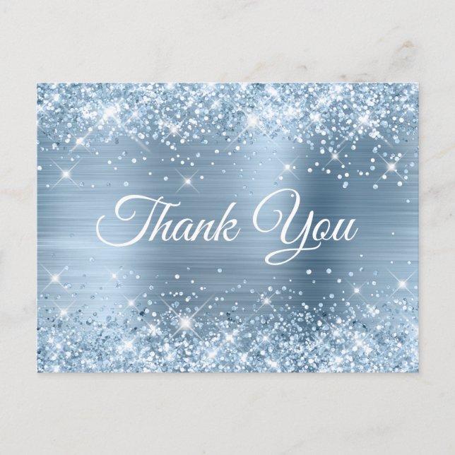 Glittery Light Blue Foil Sweet 16 Thank You Postcard (Front)