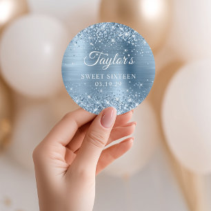 Glittery Light Blue Foil Sweet Sixteen Classic Round Sticker